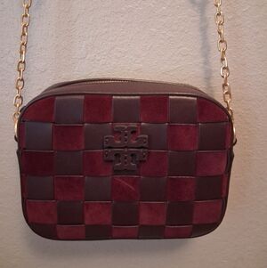 Tory Burch Wine Woven Checkerboard Crossbody with Gold Chain